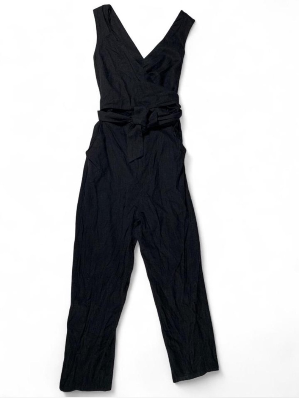 Le Lis Black V-Neck Tie-Waist Open Back Linen Jumpsuit